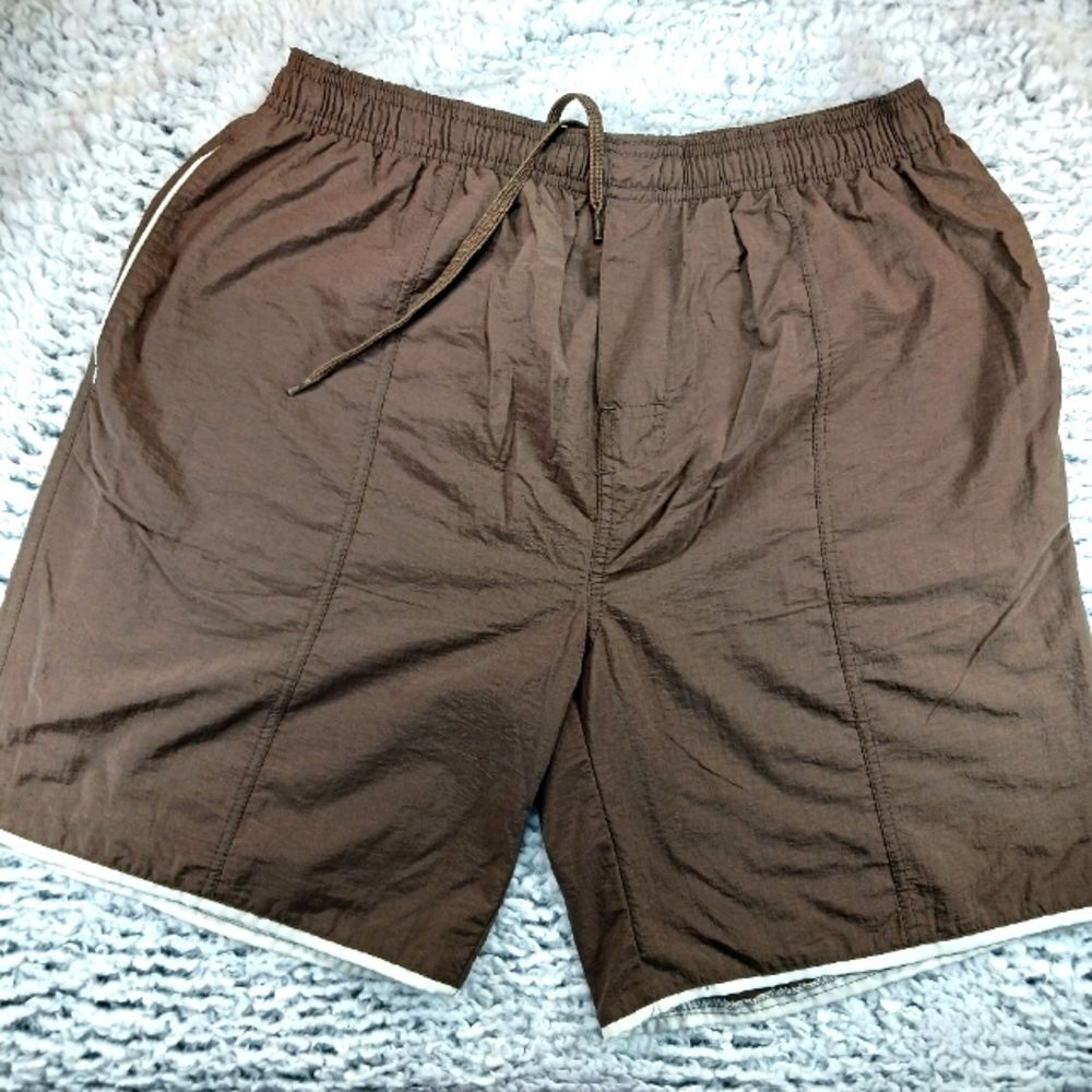 Triangle Swim Trunk Men's L. Nylon Lined 3 Pocket Faux Front Drawstring Brown...
